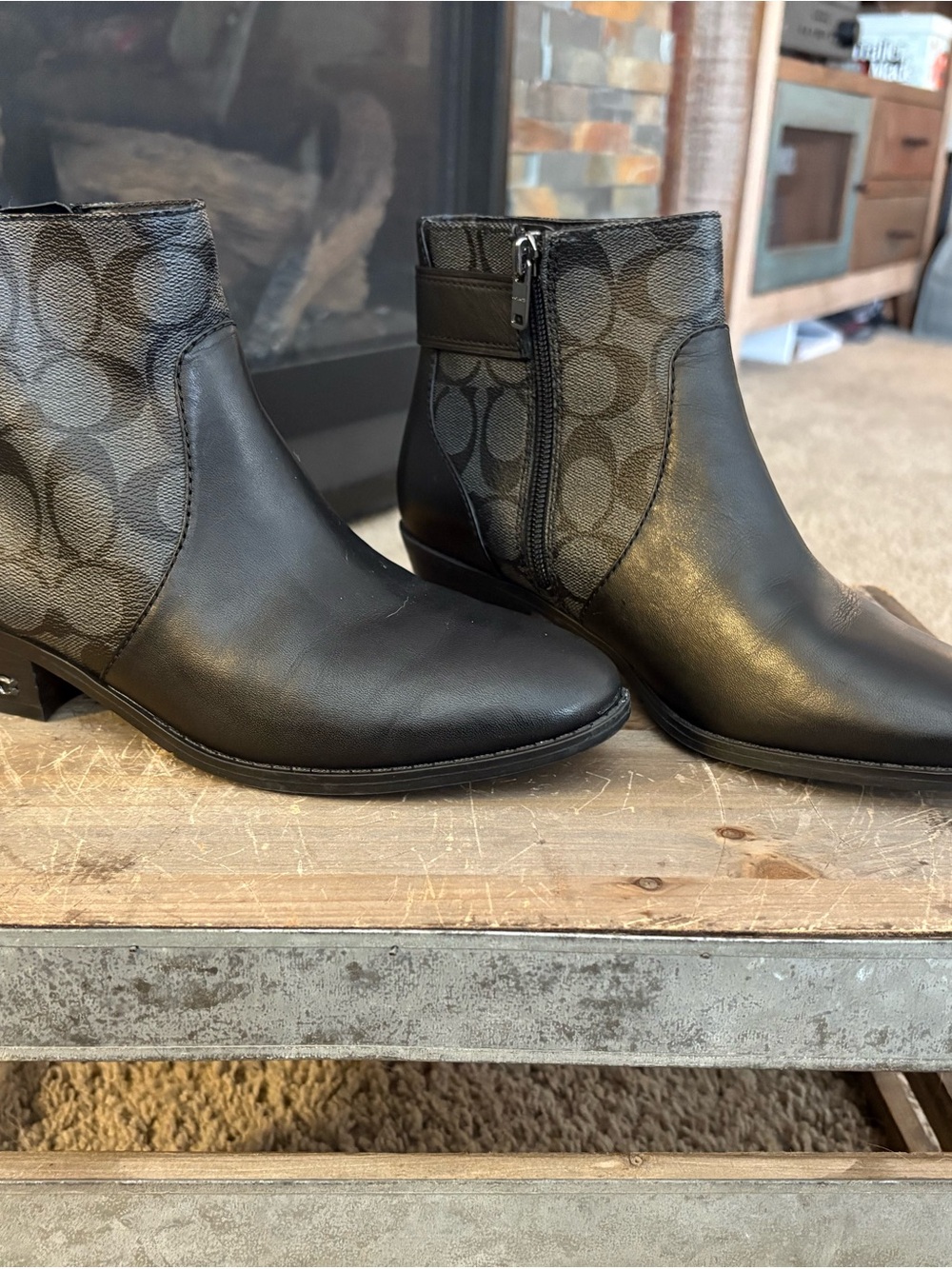 Coach Black Leather Ankle Booties with Signature Monogram Panel
